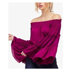 FREE PEOPLE Festival Free Spirit Top Off Shoulder Bell Flare Sleeve Magenta